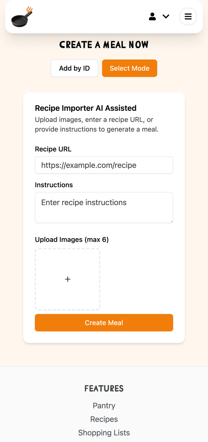 Create meal form with URL import and photo upload