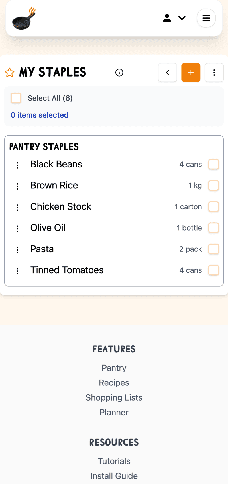 Shopping list with pantry staples