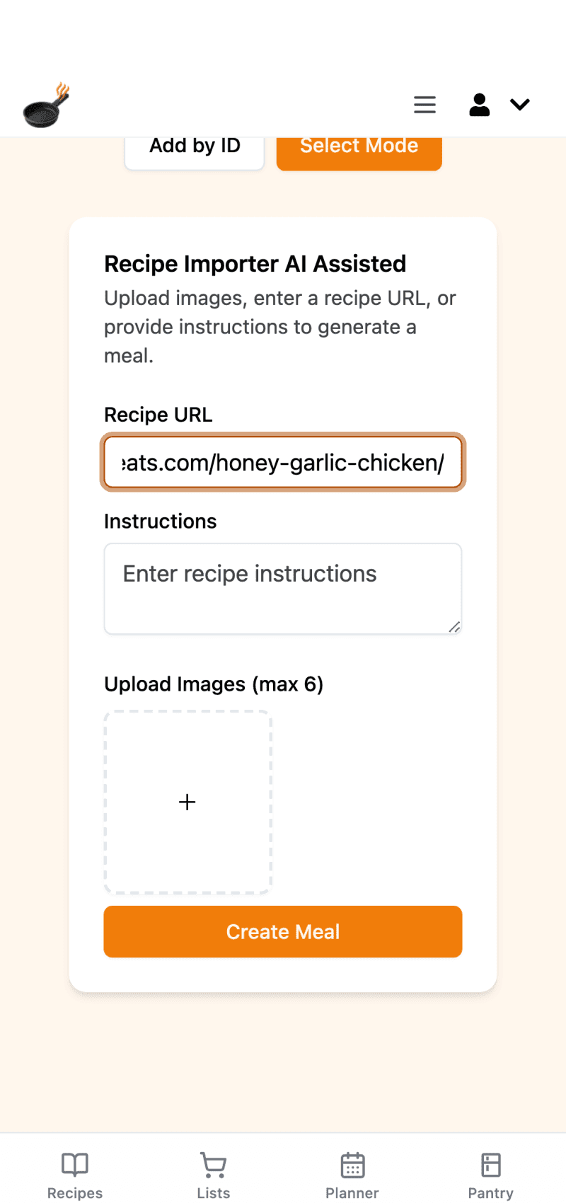 Create meal form with URL import and photo upload