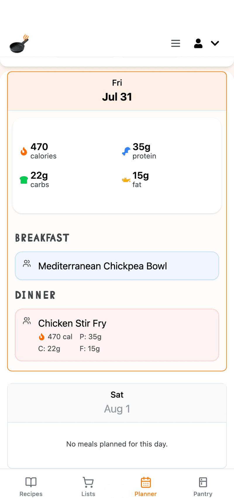 Meal planner calendar view
