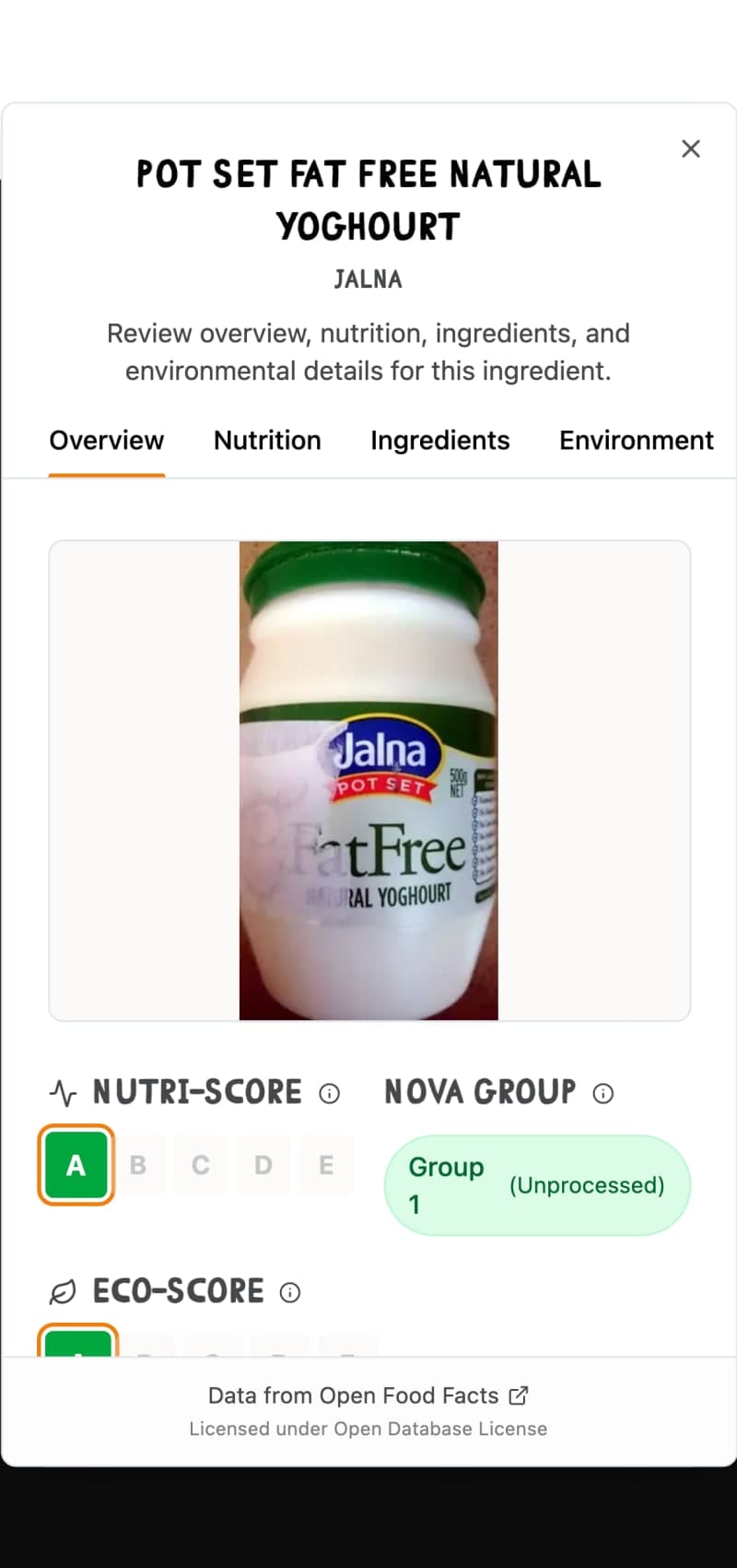 Scanned product with NOVA group and Nutri-Score breakdown